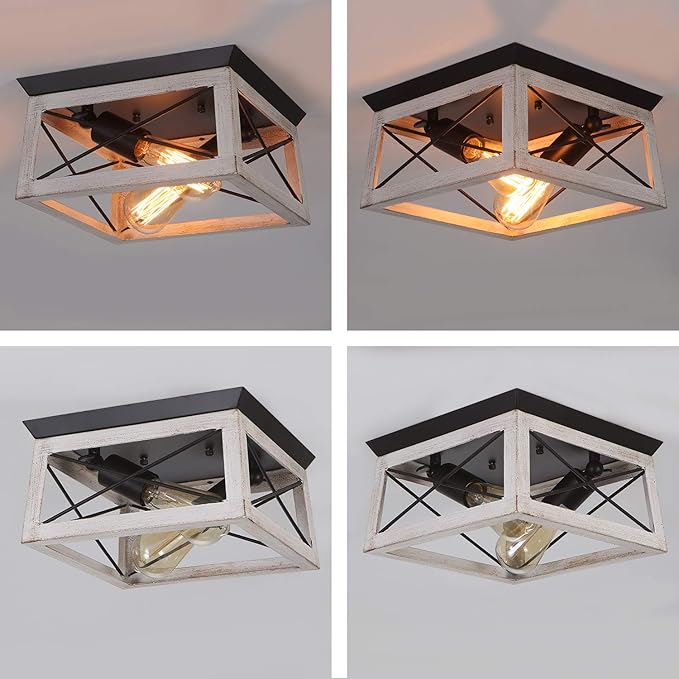 Luupyia 2Light Farmhouse Ceiling Light Fixture Semi Flush Mount, White Ceiling Light Rectangle Rustic Lighting Farmhouse Hallway Lights Fixtures Foyer Lighting for Entryway
