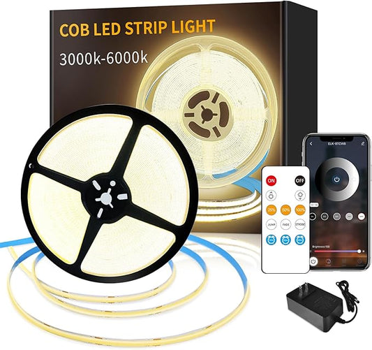 COB LED Strip Lights 3000K 65.6ft DC 24V Dimmable White Flexible LED Tape Light for Bedroom, with Remote and app Control LED Tape Lights CRI90+,forLiving Room, Shelf, Cabinet Home Decoration