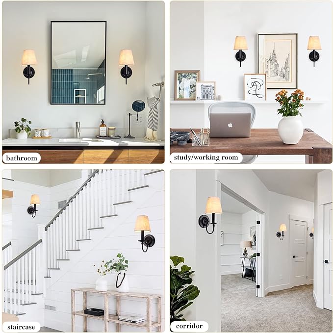 LASENCHOO Black Wall Sconces Set of Two, Modern Candle Sconces Wall Lighting Industrial Wall Light Fixtures with Fabric Lampshade, Bedside Wall Lamps for Bedroom Living Room Hallway Entryway Porch
