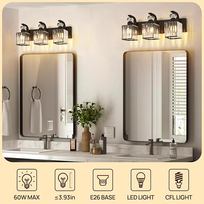 Modern Bathroom Vanity Light, 3-Light Black Bathroom Lighting Fixtures Over Mirror, 20.5" Crystal Wall Light Sconce for Bathroom/Bedroom/Vanity, Includes LED Bulbs, Easy Installation