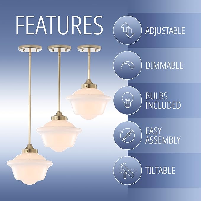 JONATHAN Y 9.5" Brass Gold/White Modern Schoolhouse LED Pendant Light Fixture, Adjustable Drop Metal Hanging Lamp with White Glass Shade for Kitchen Island, Dining Room, Foyer (JYL3517A)