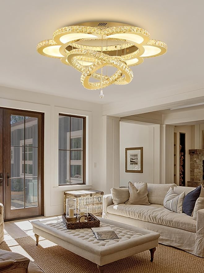 ykolupty W32'' Modern Chandelier for Living Room Crystal Chandeliers Flush Mount Chandelier for Dining Room Bedroom Foyer Dimmable 2700-6000K (Gold Chandelier)
