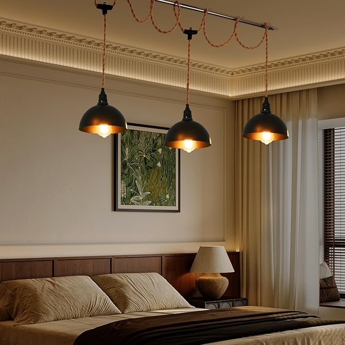 3 Light Hemp Rope Plug in Pendant Light Rattan Hanging Lights with Plug in Cord with Woven Lamp Shade, Hanging Lights with Plug in Cord Hemp Rope Hanging Lamp