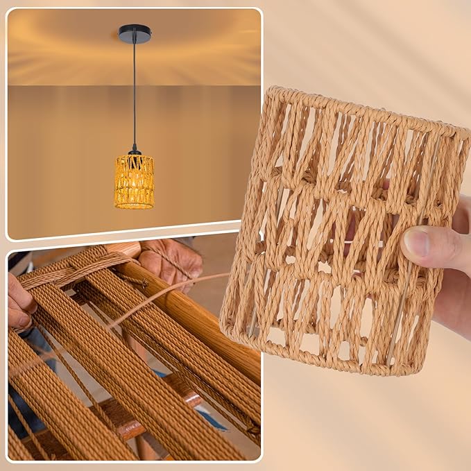 Rattan Pendant Lights Kitchen Island, 3 Pack Farmhouse Chandelier Lighting with Hand Woven Wicker Shade, Boho Pendant Light Fixtures Ceiling Hanging for Dining Room Bedroom Foyer Hallway