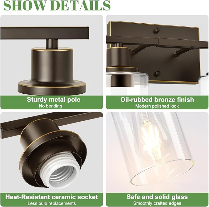 MOKATNG 4-Light Bathroom Light Fixtures, Vanity Light with Clear Glass Shades, Oil-Rubbed Bronze Bathroom Light Fixtures Over Mirror, Modern Bathroom Wall Lamp for Mirror Living Room Cabinet Bedroom
