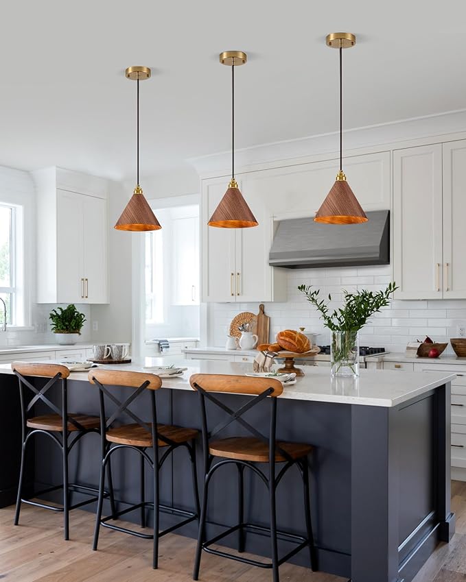 1 Pack Wood Pendant Lights Kitchen Island, 8.3” Modern Pendant Light, Adjustable Height Brushed Gold Hanging Light Fixtures, Island Lights for Dining Room, Bedroom, Hallway, Bar(Walnut)