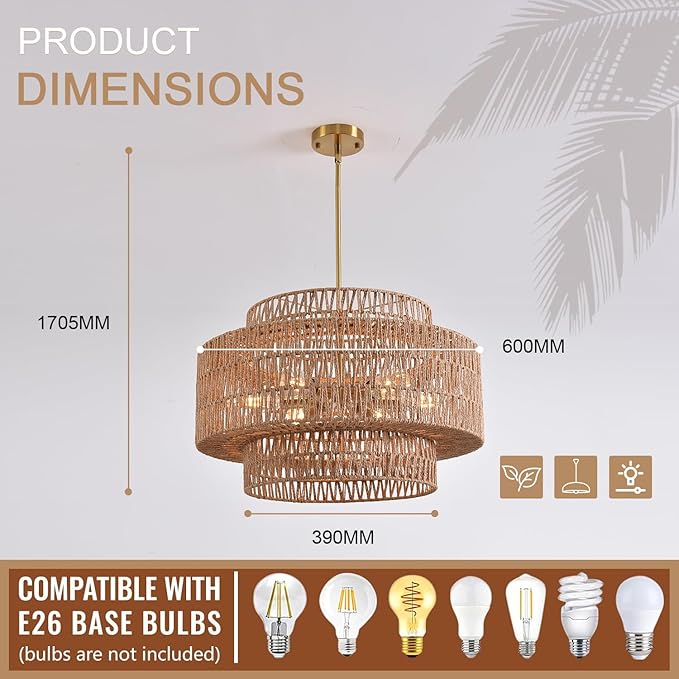 Boho Rattan Chandelier, 6-Light Dining Room Light Fixture,23.62" Wicker Pendant Lighting with3-Tier Woven Lampshade, Large Farmhouse Chandeliers for Kitchen