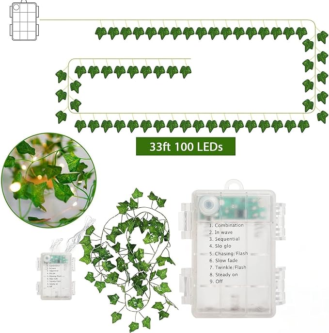Vine with Fairy Lights, 33ft 100 LEDs Ivy Vine Lights Battery Operated Indoor String Lights, Artifical Garland Leaf Fairy Light Wall Wedding Garden Dorm Bedroom Decor