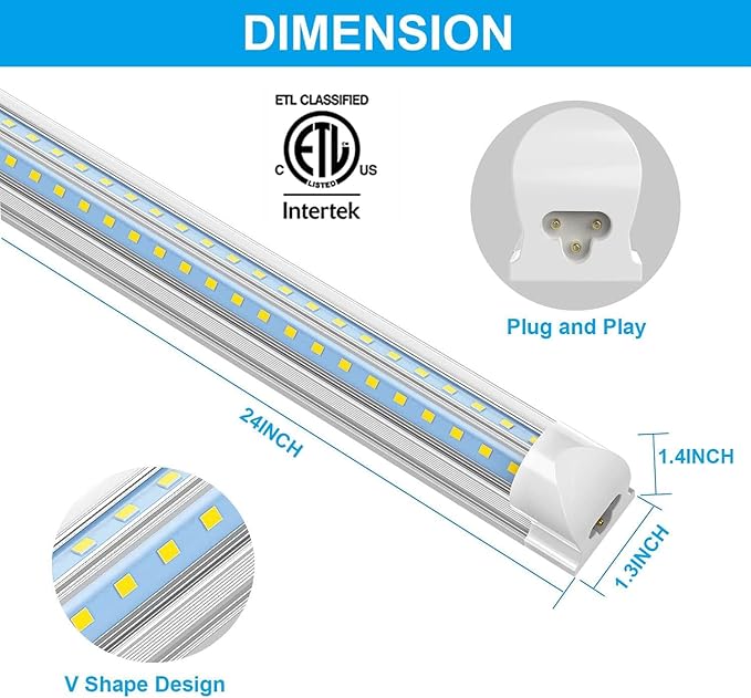 CNSUNWAY LED Shop Lights 2FT, 20W High-Efficiency Under Cabinet Lighting 6500K Cool White, V-Shaped Linkable T8 Shop Light for Workbench, Kitchen, Workshop, Basement, ETL Listed (6 Pack)