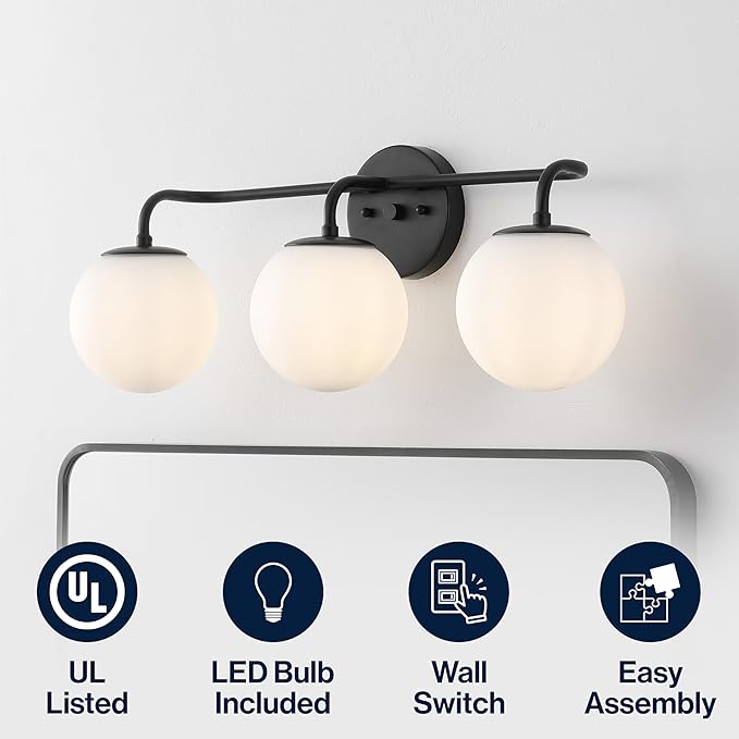 JONATHAN Y 25" Black Modern Globe Wall Sconce Vanity Light for Bathroom, White Frosted Glass Shade, Midcentury Parisian Bistro Wall Lamp, LED Bulb Included (JYL3536B)