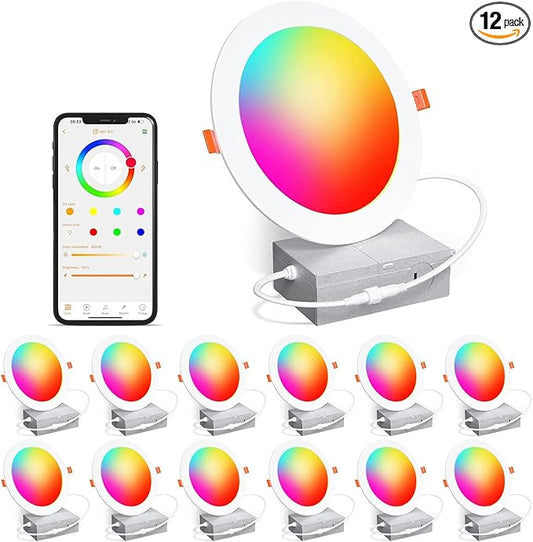 Recessed Lighting 6 Inch RGBCW Color Changing Smart Recessed Ceiling Lights 16W 1350LM LED Downlights Dimmable by Alexa & APP, 2700K-6500K,16 Million Colors - DIY Scenes - Timer - 23 Modes (12 Pack)
