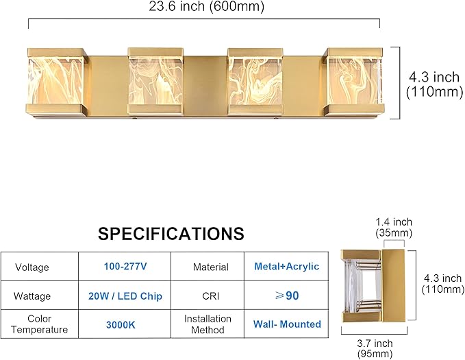 MELUCEE 4 Lights LED Bathroom Vanity Light with Unique Smoke Acrylic Panel, Modern Brass Vanity Light Bar Bathroom Light Fixtures Wall Sconce for Bath Powder Room Entryway, 20W 3000K Warm Lighting