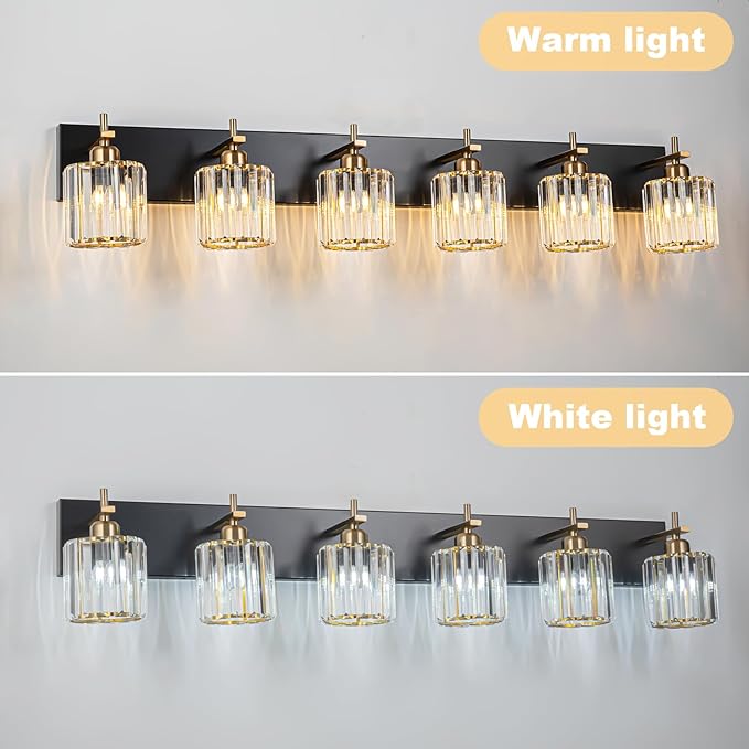 6-Light Crystal Bathroom Vanity Light, Modern Black Gold Bathroom Light Fixtures Over Mirror Crystal Wall Lighting with Polished Gold Finish