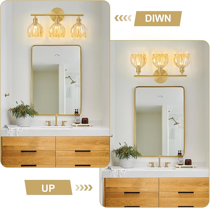 Gold Bathroom Light Fixtures Over Mirror, 3 Light Bathroom Vanity Light Fixture with Tulip Amber Glass Lampshade, Vintage Vanity Lights for Bathroom, Bathroom Vanity Lights Over Mirror