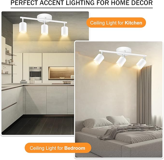 White Track Lighting, 3 Light Track Lighting Kit, White 3 Way Modern Ceiling Spotlight, Flexibly Rotatable Light Head, Industrial LED Track Light Kit for Kitchen Cabinet Gallery Bar Living Room
