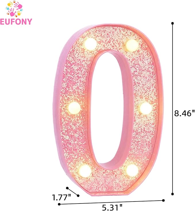 Pink Light Up Marquee Numbers, Glitter LED Number Lights Signs Battery Operated for Girls Pink Birthday Party Table Decorations, 2026 Graduation Decor, 8 Inch Number 0 with Warm White Lights