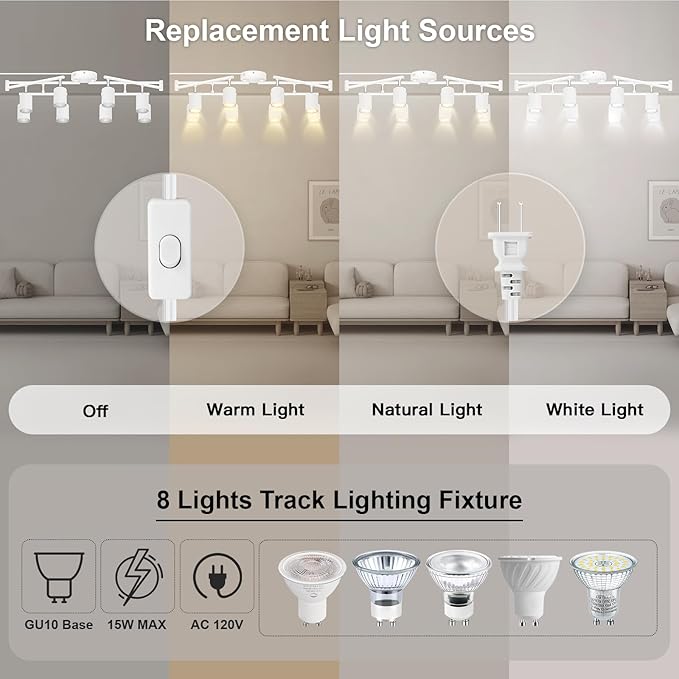 Track Lighting Plug in, LED Track Lighting Fixtures Ceiling Kit, White 8-Light Ceiling Light Plug-in, Wall Light with 15ft Power Cord, Rotatable Kitchen Spotlight for Bedroom(GU10 Socket, NO Bulb)