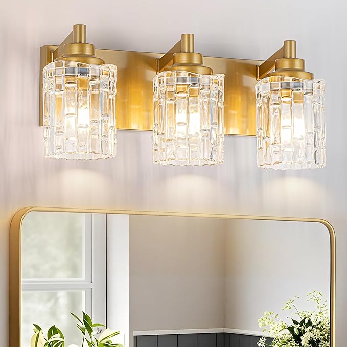 Bathroom Light Fixtures, 3-Light Brushed Gold Vanity Light Over Mirror with Crystal Glass Shades, Bathroom Wall Lights for Mirror Kitchen Bedroom Hallway Living Room
