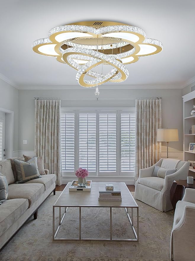 ykolupty W32'' Modern Chandelier for Living Room Crystal Chandeliers Flush Mount Chandelier for Dining Room Bedroom Foyer Dimmable 2700-6000K (Gold Chandelier)