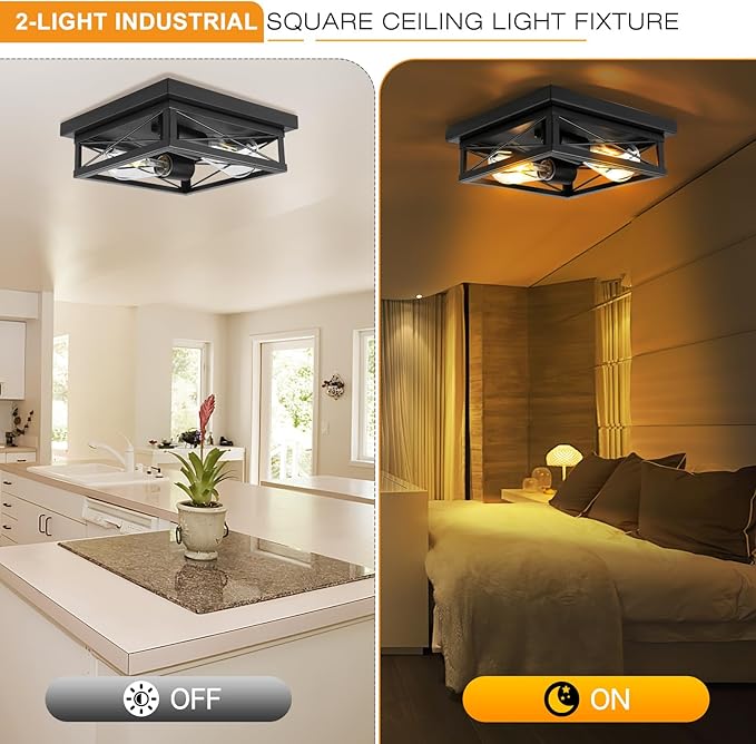 Black Flush Mount 2-Light Industrial Vintage Metal-Framed Ceiling Light for Hallway, Foyer, Kitchen, Bedroom, Living Room, Laundry (E26 Base)