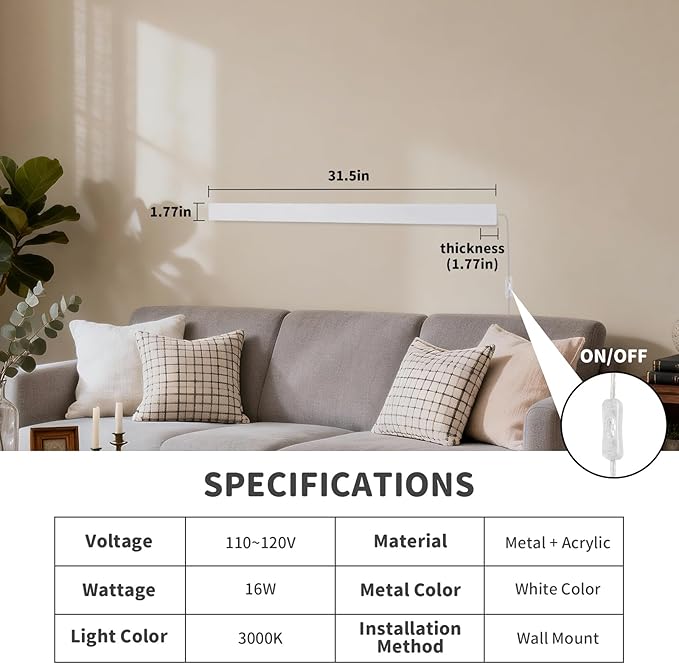 KELUOLY Modern Plug in Wall Lights, 31.4 inch Frosted White LED Long Wall Sconce, 16W Warm White 3000K Acrylic Indoor Wall lamp,with 59" Plug Cable for Bedroom, Living Room, Hallway