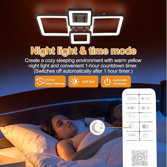 Modern Ceiling Lights 24" 42W, Dimmable Kitchen Lighting Fixtures Ceiling, 3000-6500K Light Fixture Ceiling Mount with Remote Control, Black Square LED Ceiling Light for Bedroom