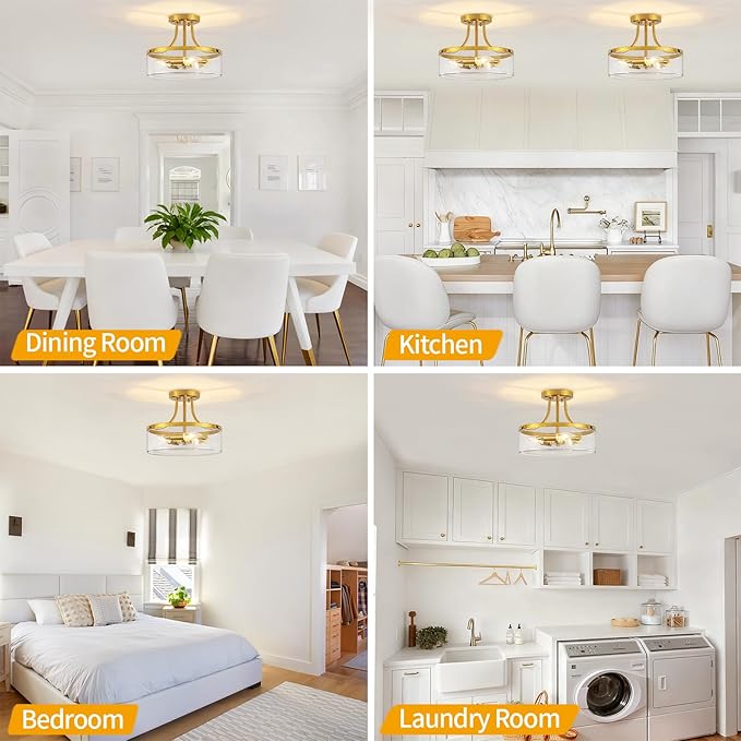 11.81" Brushed Gold Semi Flush Mount Ceiling Light Modern Glass Entryway Light Fixture Hallway Light Fixtures 3-Light Drum Ceiling Lamp for Bedroom Kitchen Island Dining Room Laundry Room Lighting