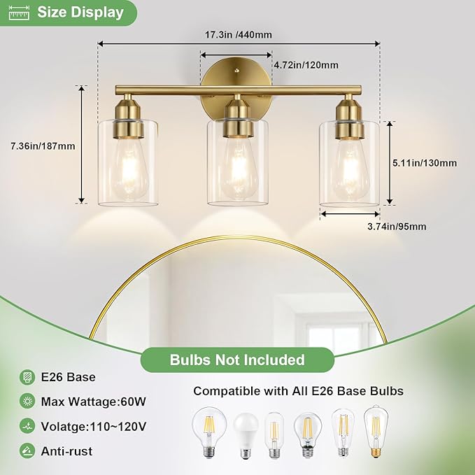 17.3'' Bathroom Gold Vanity Light Fixtures, Modern Wall Lamp for Mirror with Clear Glass Shade, 3-Light