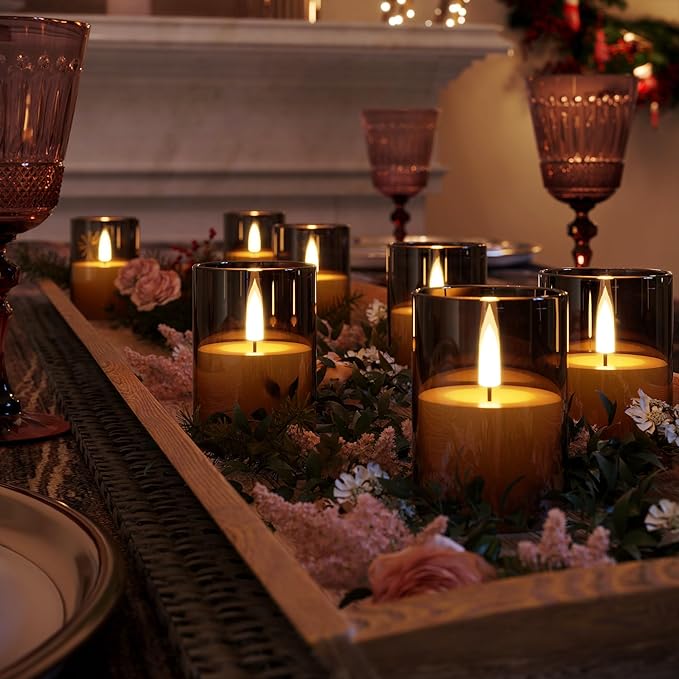 VIODAIM 12Pack Flickering Flameless LED Candles with Timer, Battery Powered - Small Pillar & Votive, Black (2"X3")