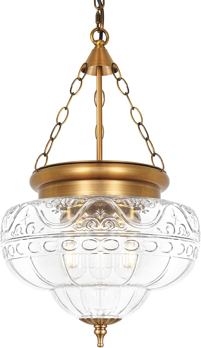 3-Light Brown Bronze Pendant Lights with 12In Floral Glass, Penant Lighting Fixtures with Adjustable Chain, Vintage Pendant Lights Kitchen Island, Hanging Light Fixtures for Dining Room, Entryway, E26