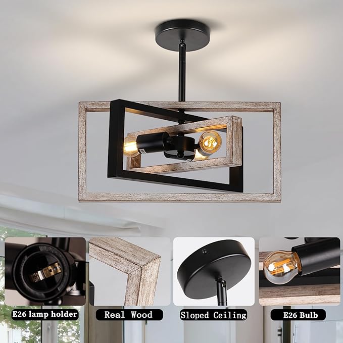 HuisMier Farmhouse 3-Lights Flush Mount Ceiling Light Fixture, Industrial Wood and Metal Chandelier, Retro Close to Ceiling Lighting for Kitchen Entryway Hallway Bedroom Dining Room Living Room Foyer