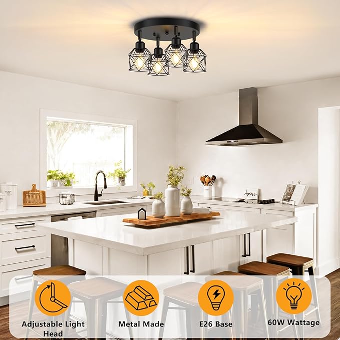4-Light Kitchen Light Fixtures Ceiling Mount, Adjustable Multi-Directional Black Flush Mount Ceiling Light Fixture, Farmhouse Metal Cage Ceiling Lights for Dining Room Entryway Hallway