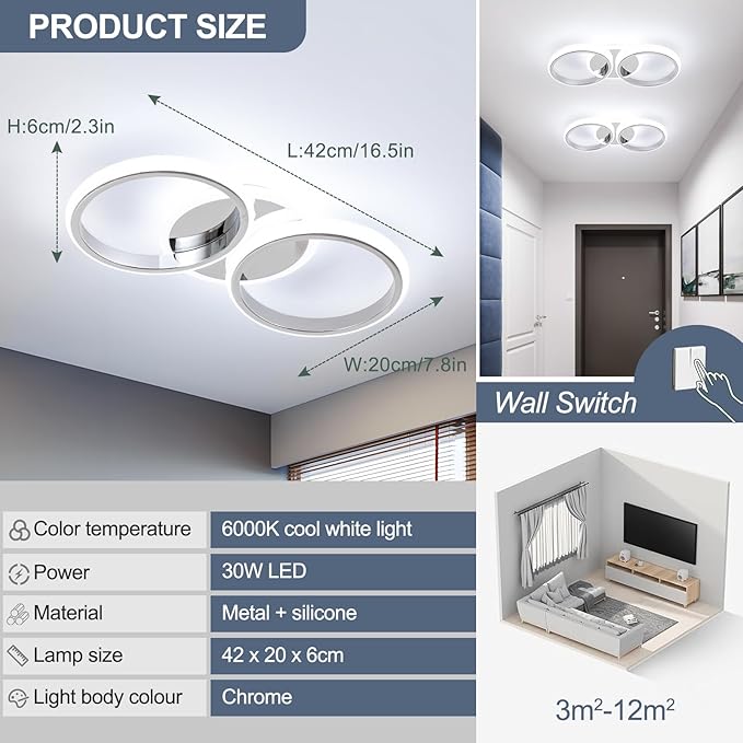 ElDISUNY Modern LED Ceiling Lights, 30W Round Ceiling Lights Fixture for Kitchen, Close to Ceiling Lights for Hallway Bedroom Dining Room,Cool White Light 6000K(Chrome)