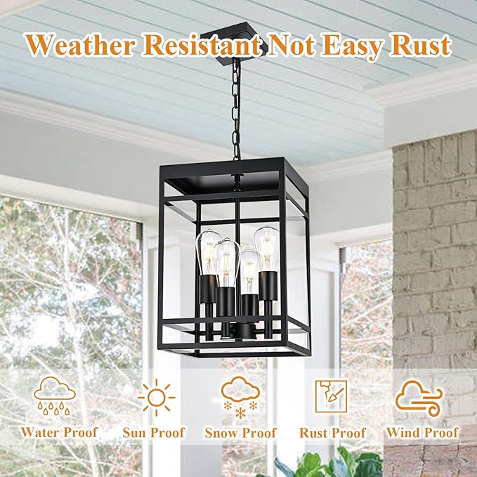 VINLUZ 4-Light 16" Outdoor Pendant Light with Adjustable Chain, Matte Black Outdoor Hanging Light Fixture, Exterior Hanging Lantern Chandelier for Entryway Patio Garden