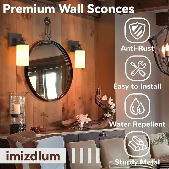 Wall Sconces Set of 2, 1 Light Farmhouse Rustic Vanity Light for Bathroom, Wood Grain Rustic Wall Lights Fixtures with White Shade for Mirror, Bedroom, Living Room, E26, Hardwired(Bulbs Not Included)