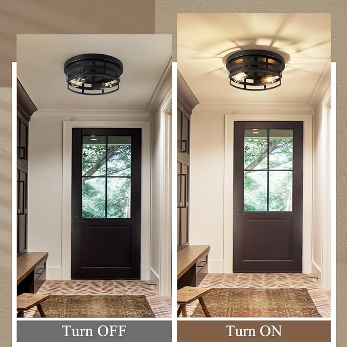 2-Light Black Flush Mount Ceiling Light Fixture,Light Fixtures Ceiling Mount for Hallway,Hall,Kitchen,Farmhouse (2 Pack)