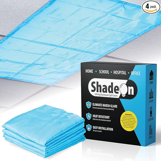 ShadeOn Fluorescent Light Covers for Ceiling Lights (4-Pack) - 2x4 ft Magnetic Light Covers for Ceiling Lights Classroom and Office, Glare Reduction for Fluorescent Lights - Tranquil Blue