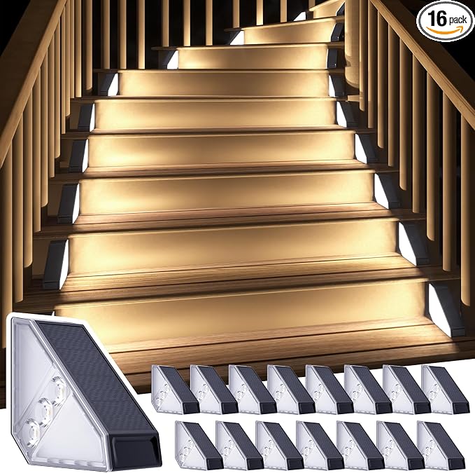 ROSHWEY Solar Step Lights for Outside, 16 Pack Solar Powered Stair Lights Outdoor Waterproof, Triangle Deck Step Light, Outdoor Decor Lighting for Front Porch, Backyard, Patio, Cool White