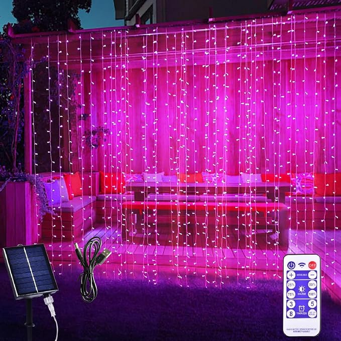 300LED Solar Curtain Lights USB & Solar Dual Powered Waterproof Fairy String Lights 8 Modes Twinkle for Home Indoor Outdoor Use Garden Patio Wedding Party (Pink)