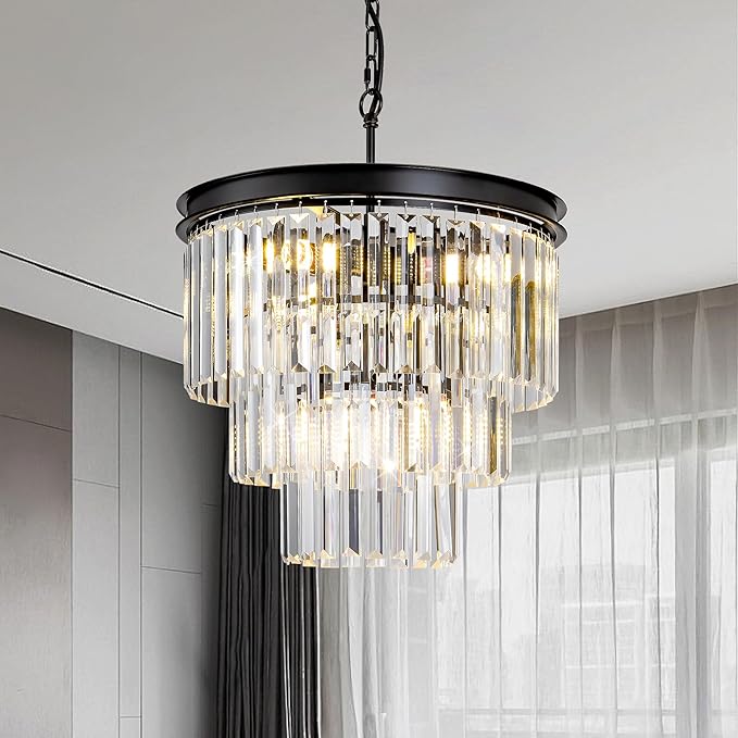 Crystal Chandelier 15.8" Modern K9 Crystal Hanging Pendant Lights 6-Lights Black 3-Tier Luxury Crystal Dining Room Light Fixture for Living Room Bedroom Kitchen Island Entryway Foyer Stair