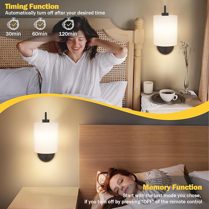 MATAMEYE Battery Operated Wall Sconce Set of 2, Black Rechargeable Dimmable Wall Light Fixture Remote, 12 RGB Colors & Timer, Wireless Lamp White Shade