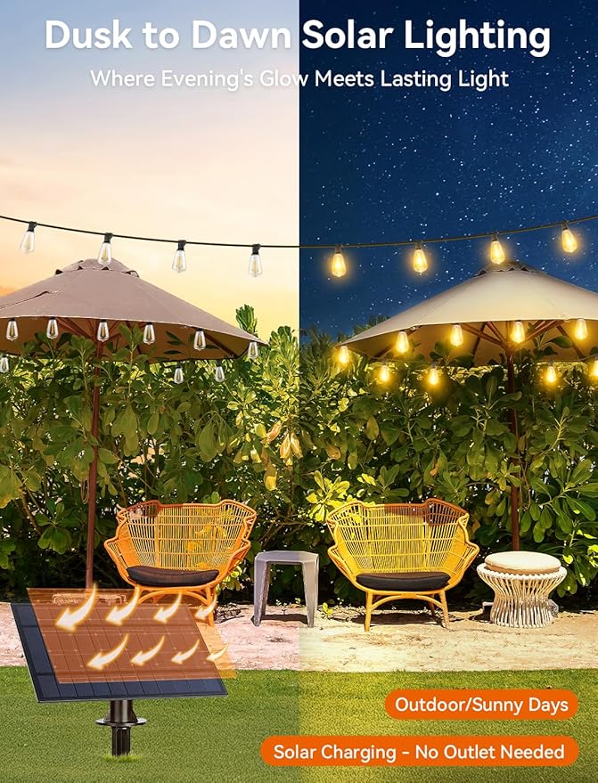 Brightever 60FT Solar String Lights Outdoor Waterproof, Patio Lights Solar Powered with Remote, 25+1 Shatterproof ST38 LED Bulbs 3 Lighting Modes, Dimmable Solar Lights for House, Market, Bistro