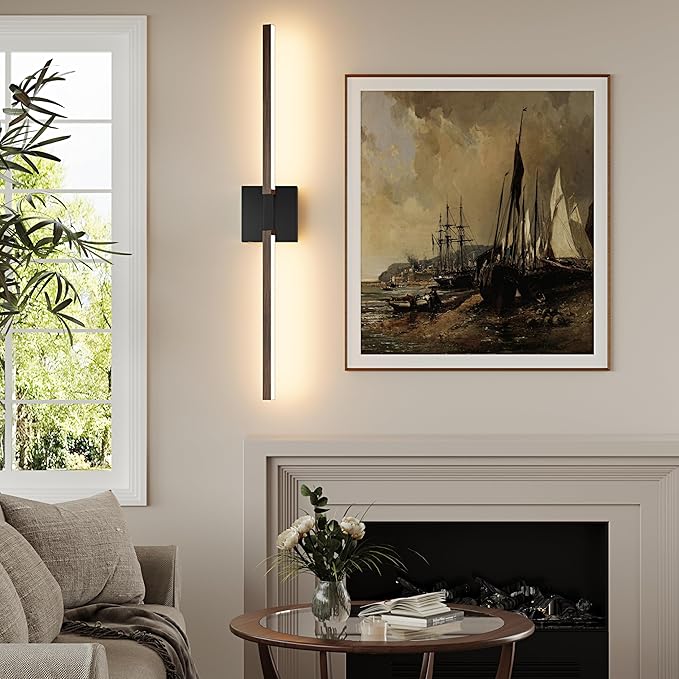 Rayogale 32 Inch Rechargeable Battery Operated Wall Sconce Set 2, 8000mAh Cordless, 3000K/4500K/6000K, Dimmable, Remote, Touch Control, 360° Rotation for Living Room Black Walnut 2 Pack