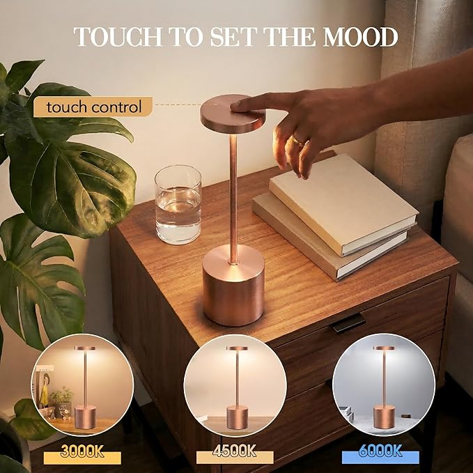 Cordless Table Lamp Set of 2, 5000mAh Rechargeable Lamp with Touch Control & Stepless Dimming, 3 Light Modes, IP54 Waterproof Portable Light for Dining Table, Patio, Bedroom, Power Outage (Rose Gold)