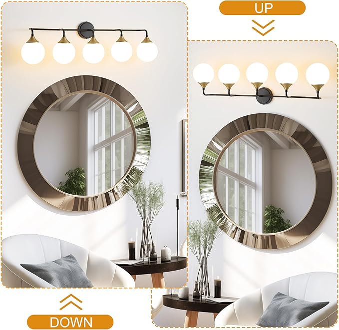 Black Gold Bathroom Light Fixtures, Modern Vanity Lighting Over Mirror, Mid Century Brushed Brass Wall Sconce 5-Light with Milky White Glass Ball Shades