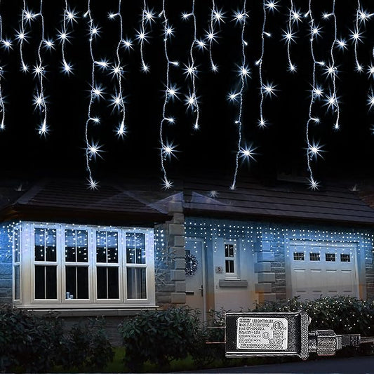 Dazzle Bright 360 LED Christmas Icicle Lights, 29.5 FT 8 Modes Curtain Fairy Lights with 60 Drops, Connectable Xmas String Lights for Outside Holiday Wedding Party Decorations (White)