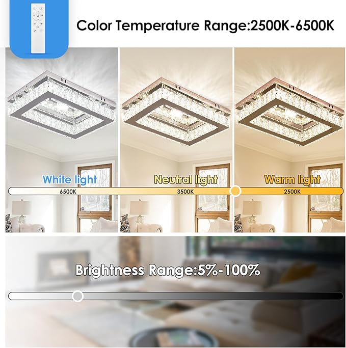 Dimmable Crystal LED Flush Mount Ceiling Light, 11.8"×9.1" Rectangular Close to Ceiling Chandelier, K9 Crystal & Stainless Steel, Remote & App Control, 3000–6500K CCT for Bedroom Living Room