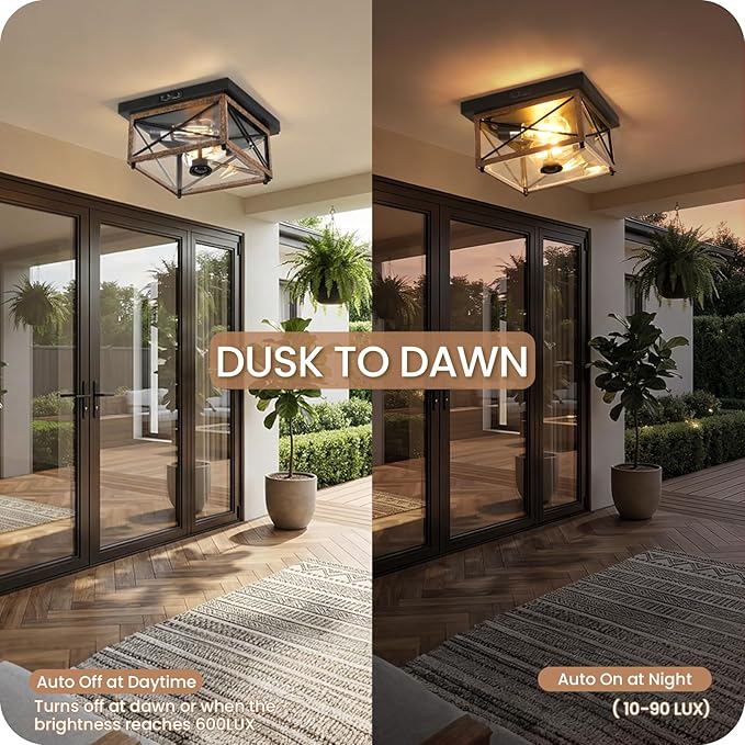 Outdoor Ceiling Light with Motion Sensor, Flush Mount Porch Ceiling Lights Outdoor, 2-Light Farmhouse Metal Close to Ceiling Light Fixture for Patio, Hallway, Garage, Rustic Brown FT09XD05W1