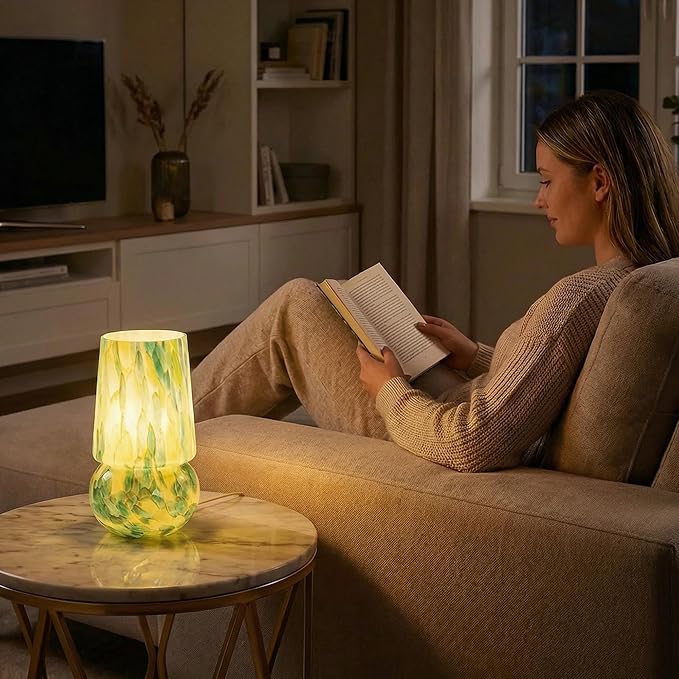 9.8 Inch Mushroom Table Lamp, UL Listed Dimmable Small Desk Bedside Lamp with Woven Beige Cord, Handcrafted Pattern, Murano Home Decor for Bedroom, Living Room, Emerald Teal, No Bulb Included