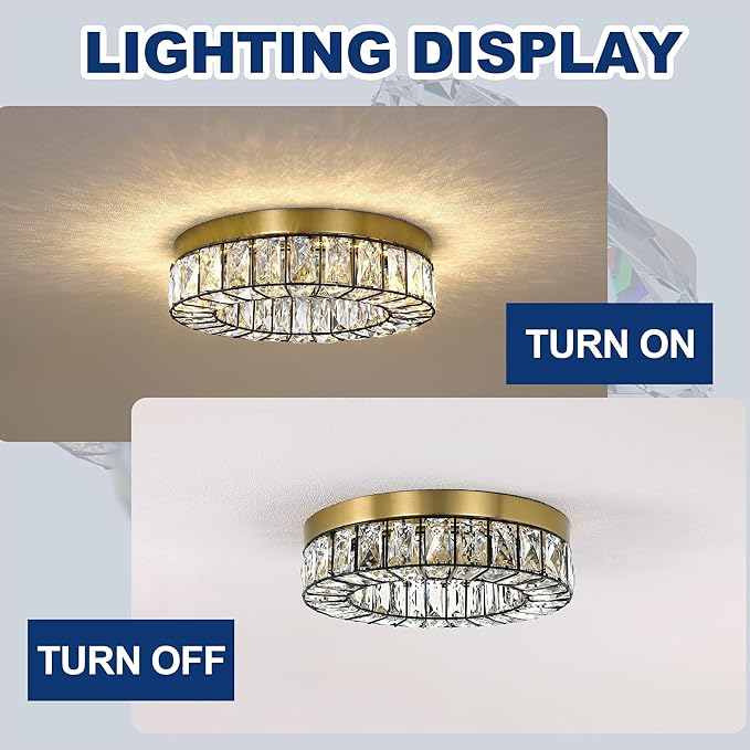 MEXO Crystal LED Flush Mount Ceiling Light Fixtures Modern Black and Gold LED Chandelier Lighting for Kitchen Closet Hallway Bedroom Foyer Laundry Room